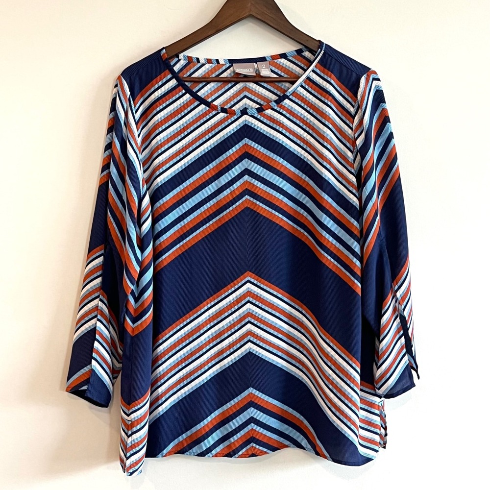 Chicos Womens Size 2 Chevron Stripe Blouse Navy Orange Blue 3/4 Sleeve Top